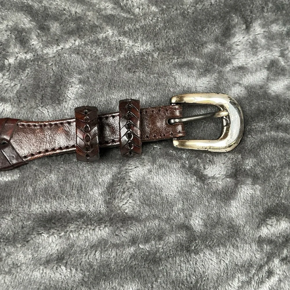 Vintage Mens Leather Hand Braided Woven Belt Brown Basket Weave Silver Buckle 42